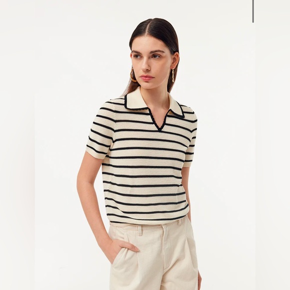 Tencel Beige And Black Stripe Women Knit Top - Picture 4 of 9